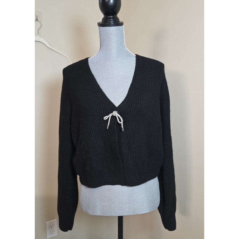 No Boundaries‎ Black Rhinestone Bow Cropped Cardigan XL Y2K Coquette Girl